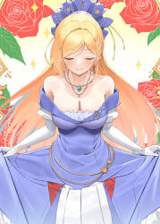 Rule 34 | 1girl, absurdres, aki rosenthal, alternate costume, bare shoulders, blonde hair, blue dress, blush, breasts, cleavage, closed eyes, closed mouth, collarbone, cowboy shot, dress, earrings, elbow gloves, floral print, flower, gloves, gradient background, green background, hair ornament, highres, hololive, jewelry, large breasts, long hair, necklace, rose print, solo, sparkle, standing, twin (tt lsh), virtual youtuber, white gloves