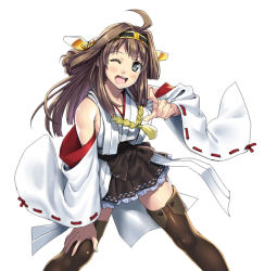 Rule 34 | 10s, 1girl, ;d, ahoge, bare shoulders, boots, brown eyes, brown hair, brown thighhighs, detached sleeves, double bun, frilled skirt, frills, fujimon, hair bun, hairband, hand on own knee, headgear, japanese clothes, kantai collection, kongou (kancolle), long hair, long sleeves, looking at viewer, nontraditional miko, one eye closed, open mouth, personification, pointing, pointing at viewer, revision, ribbon-trimmed sleeves, ribbon trim, simple background, skirt, smile, solo, thigh boots, thighhighs, white background, wide sleeves, wink, zettai ryouiki