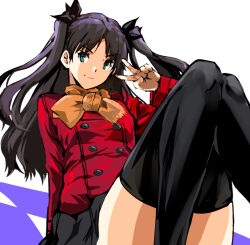 Rule 34 | 1girl, aqua eyes, arm support, black hair, black ribbon, black skirt, black thighhighs, brown scarf, fate/stay night, fate (series), hair ribbon, jacket, kamisimo 90, knees up, long hair, looking at viewer, miniskirt, red jacket, ribbon, scarf, sitting, skirt, smile, solo, thighhighs, thighs, tohsaka rin, twintails, v