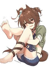 Rule 34 | 1girl, agnes tachyon (lunatic lab) (umamusume), agnes tachyon (umamusume), ahoge, animal ears, barefoot, belt, bikini, black bikini, black gloves, blush, bracelet, breasts, brown belt, cleavage, commentary request, criss-cross halter, denim, denim shorts, ear ornament, emil1030 blue, feet, gloves, green jacket, hair between eyes, halterneck, highres, horse ears, horse girl, horse tail, jacket, jewelry, legs up, looking at viewer, medium breasts, messy hair, official alternate costume, official alternate hairstyle, open mouth, red eyes, short hair, short ponytail, shorts, simple background, single glove, smile, soles, solo, swimsuit, tail, tied jacket, toes, torn clothes, twitter username, umamusume, white background, wristband
