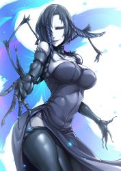 Rule 34 | 1girl, absurdres, antennae, beckoning, black dress, black hair, black sclera, black thighhighs, breasts, colored sclera, colored skin, cowboy shot, dress, extra arms, hair over one eye, highres, large breasts, looking at viewer, monster girl, nakamura regura, one eye covered, original, reaching, reaching towards viewer, red pupils, side slit, smile, solo, thighhighs, white skin, wings