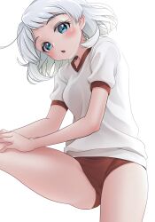 Rule 34 | 1girl, absurdres, alternate costume, blue eyes, blush, buruma, chestnut mouth, commentary request, gym shirt, gym uniform, highres, kantai collection, leg up, looking at viewer, makura (y makura), natsugumo (kancolle), open mouth, red buruma, shirt, short hair, simple background, solo, white hair