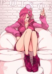 Rule 34 | 1girl, beanie, blue eyes, blush, breasts, brick wall, cleavage, closed mouth, collarbone, curvy, earrings, english text, facing viewer, hair over one eye, hand up, happy, hat, high heels, highres, hood, hood down, hoodie, jacket, jewelry, knees up, large breasts, legs together, long sleeves, looking at viewer, necklace, one eye covered, one piece, pink footwear, pink hair, pink hat, pink jacket, pom pom (clothes), pom pom beanie, sherumaru (korcht06), shoelaces, shoes, short hair, sitting, smile, solo, vinsmoke reiju, wall, waving, winter clothes, writing on wall