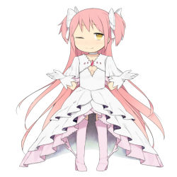 Rule 34 | 10s, 1girl, bad id, bad pixiv id, boots, bow, dress, gloves, hair bow, kaname madoka, long hair, mahou shoujo madoka magica, mahou shoujo madoka magica (anime), one eye closed, pink footwear, pink hair, short twintails, smile, solo, standing, thigh boots, thighhighs, tsuduya (knt31), twintails, two side up, ultimate madoka, white gloves, wink, yellow eyes