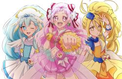 Rule 34 | 3girls, :d, blonde hair, blue dress, blue eyes, blue hair, blush, clover earrings, commentary request, cure ange, cure etoile, cure yell, dress, earrings, eyelashes, fpminnie1, hair ornament, happy, harryham harry, highres, hugtto! precure, jewelry, kagayaki homare, long hair, looking at viewer, magical girl, midriff, multiple girls, navel, nono hana, one eye closed, open mouth, pink eyes, pink hair, pink shirt, pink skirt, ponytail, precure, shirt, side ponytail, simple background, skirt, smile, white background, wrist cuffs, yakushiji saaya, yellow dress, yellow eyes