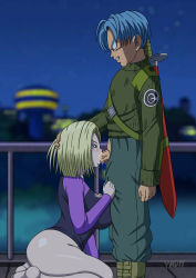 Rule 34 | 10s, 1boy, 1girl, absurdres, android 18, ass, blonde hair, blue eyes, breasts, cheating (relationship), clothed sex, cum, dragon ball, dragon ball super, fellatio, hetero, highres, netorare, oral, padm, penis, text focus, toei animation, trunks (dragon ball), uncensored