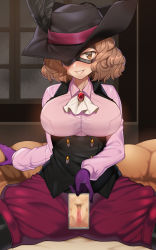 Rule 34 | 10s, 1girl, breasts, brown eyes, brown hair, cellphone, cellphone photo, censored, ascot, curly hair, domino mask, female pubic hair, gloves, hat, hat feather, hat over one eye, looking at viewer, mask, mosaic censoring, nt00, okumura haru, persona, persona 5, phone, pubic hair, purple gloves, pussy, short hair, sitting, smartphone, smile, solo, spread legs