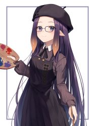 Rule 34 | 1girl, beret, black dress, black hat, black ribbon, brown shirt, closed mouth, commentary, cowboy shot, dress, eyes visible through hair, fang, fang out, glasses, gradient hair, hand up, hat, highres, holding, holding palette, hololive, hololive english, long hair, long sleeves, looking at viewer, multicolored hair, ninomae ina&#039;nis, ninomae ina&#039;nis (casual), official alternate costume, orange hair, palette (object), pinafore dress, pleated dress, pointy ears, puffy long sleeves, puffy sleeves, purple eyes, purple hair, ribbon, shands, shirt, simple background, sleeveless, sleeveless dress, smile, solo, standing, striped clothes, striped shirt, very long hair, virtual youtuber, white background