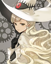 Rule 34 | 1girl, blonde hair, eitri (fire emblem), finger to mouth, fire emblem, fire emblem heroes, gears, gloves, grey eyes, haru (nakajou-28), hat, highres, long hair, looking at viewer, nintendo, simple background, sleeve cuffs, solo, upper body, very long hair, wavy hair, witch hat