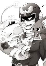 Rule 34 | 2boys, alien, animal print, belt, big nose, bird, bird print, blush, buttons, captain falcon, closed eyes, creature, creature on shoulder, elbow gloves, f-zero, falcon, flying sweatdrops, gloves, greyscale, helmet, jacket, long sleeves, looking at another, lower teeth only, lying, monochrome, multiple boys, musical note, nintendo, no mouth, olimar, on shoulder, on stomach, outstretched arm, patch, pectorals, pikmin (creature), pikmin (series), pointy ears, pointy nose, radio antenna, red pikmin, scarf, short hair, smile, space helmet, spacesuit, super smash bros., sweatdrop, teeth, ukyo (80123), upper body, very short hair, wavy mouth, whistle, yaoi