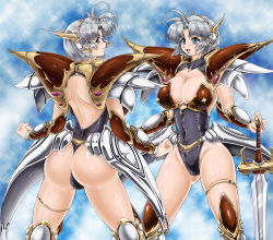 Rule 34 | 1girl, armor, ass, back, backless outfit, blue eyes, blush, breasts, cleavage, esitoyo, faulds, huge ass, huge breasts, langrisser, langrisser ii, leotard, open mouth, sherry (langrisser), shiny skin, short hair, silver hair, smile, solo, standing, sword, thong, thong leotard, weapon