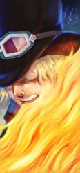 Rule 34 | 1boy, blonde hair, fire, gloves, goggles, goggles on headwear, gradient background, hat, highres, ksop, male focus, one piece, sabo (one piece), scar, solo, top hat