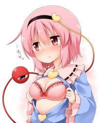 Rule 34 | 1girl, blue shirt, blush, bra, breasts, cleavage, closed mouth, eyeball, frilled shirt collar, frilled sleeves, frills, hair between eyes, hairband, heart, highres, komeiji satori, long sleeves, looking away, midriff, nose blush, open clothes, open shirt, pink bra, pink eyes, pink hair, shirt, short hair, small breasts, solo, suwa yasai, third eye, touhou, underwear, upper body, wide sleeves