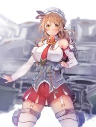 Rule 34 | 10s, 1girl, blush, breasts, corset, detached sleeves, feathers, female focus, food, food in mouth, garter straps, hair between eyes, kantai collection, large breasts, light brown hair, littorio (kancolle), long hair, long sleeves, machinery, maid headdress, miniskirt, mouth hold, orange eyes, pizza, ponytail, red skirt, skirt, solo, sumisu (mondo), thighhighs, turret, wavy hair, white thighhighs, zettai ryouiki