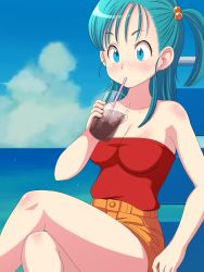 Rule 34 | 1girl, aqua hair, bare arms, bare legs, bare shoulders, beach, blue eyes, blush, breasts, bulma, chair, cleavage, cloud, collarbone, crossed legs, cup, dragon ball, dragon ball (classic), drink, drinking, drinking glass, drinking straw, engawa suguru, female focus, glass, hair bobbles, hair ornament, highres, ice, large breasts, legs, long hair, looking at viewer, neck, ocean, orange shorts, outdoors, red tube top, shorts, side ponytail, sitting, sky, solo, strapless, thighs, tube top, water