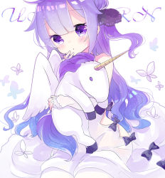 Rule 34 | 1girl, ahoge, azur lane, bug, butterfly, commentary request, detached sleeves, dress, hair ribbon, highres, hugging doll, hugging object, insect, long hair, looking at viewer, parted lips, purple eyes, purple hair, ribbon, sakurato remi, simple background, sitting, stuffed unicorn, unicorn (azur lane), white background, white dress
