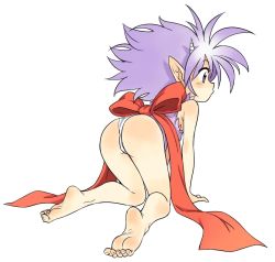 Rule 34 | 1girl, ass, barefoot, blouse, feet, full body, fundoshi, horns, japanese clothes, m.u.g.e.n, messy hair, oyatsu (mk2), pointy ears, purple hair, purple shirt, ran-oh, shirt, simple background, single horn, soles, solo, source request, spiked hair, toe scrunch, toes, white background
