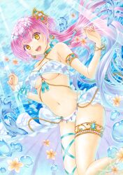 Rule 34 | 1girl, air bubble, armlet, artist name, belly chain, bikini, blue hair, bracelet, breasts, bubble, commentary, criss-cross halter, earrings, fish, floating, flower, frilled bikini, frills, gradient hair, hair ornament, halterneck, head chain, highres, jewelry, leg ribbon, legs up, light rays, long hair, looking at viewer, marker (medium), medium breasts, multicolored hair, navel, open mouth, original, osumi izumi, pink hair, pointy ears, ribbon, signature, smile, solo, sunlight, swimsuit, thighlet, traditional media, underwater, very long hair, w arms, water, white bikini