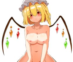 Rule 34 | 1girl, alternate breast size, blush, breasts, collarbone, commentary, eyes visible through hair, flandre scarlet, hair between eyes, hat, head tilt, highres, implied sex, kiui (dagk8254), large breasts, looking at viewer, mob cap, navel, nipples, nude, out-of-frame censoring, red eyes, short hair, side ponytail, simple background, solo, touhou, white background, wings