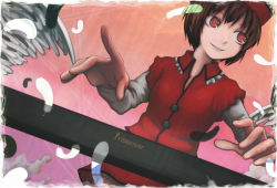 Rule 34 | 1girl, brown hair, feathered wings, hat, instrument, keyboard (instrument), lyrica prismriver, red eyes, solo, touhou, white wings, wings, yajirushi (chanoma)