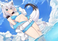 Rule 34 | 1girl, absurdres, ahoge, animal ear fluff, animal ears, bikini, blue bikini, blue eyes, blush, breasts, closed mouth, cloud, crossed bangs, day, dutch angle, ear piercing, feet out of frame, fox ears, fox girl, fox tail, hair between eyes, hand up, highres, hololive, ivan wang, jacket, long hair, long sleeves, looking at viewer, medium breasts, navel, open clothes, open jacket, outdoors, partially unzipped, piercing, puffy long sleeves, puffy sleeves, shirakami fubuki, shirakami fubuki (hololive summer 2019), solo, swimsuit, tail, very long hair, virtual youtuber, wading, water, white hair, white jacket