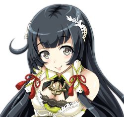 Rule 34 | 10s, 1girl, ahoge, bare shoulders, black hair, breasts, cleavage, crossed arms, detached sleeves, hair ornament, hair tubes, kantai collection, long hair, looking at viewer, mizuho (kancolle), grey eyes, simple background, smile, solo, tk8d32, white background