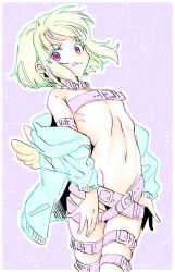 Rule 34 | 1boy, arched back, belt, belt collar, blue jacket, border, collar, colored eyelashes, earrings, green hair, highres, jacket, jewelry, kisekisaki, lio fotia, long sleeves, male focus, multiple belts, navel, off shoulder, open clothes, open jacket, pink belt, promare, purple background, purple eyes, revealing clothes, short hair, solo, thigh belt, thigh strap, tongue, tongue out, trap, triangle earrings, white border, winged hoodie