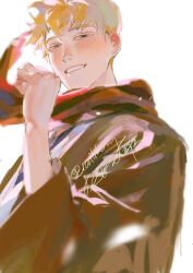 Rule 34 | 1boy, blonde hair, brown coat, coat, half-closed eyes, hand up, haori, highres, japanese clothes, kageyama shigeo, kimono, laughing, looking at viewer, looking to the side, male focus, mob psycho 100, red scarf, reigen arataka, ruilibing, scarf, short hair, signature, simple background, solo, twitter username, upper body, white background