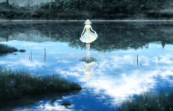 Rule 34 | 1girl, bad id, bad pixiv id, clothes lift, cloud, day, different reflection, dress, dress lift, closed eyes, fog, forest, glowing, grass, kazami (kuroro), lake, light particles, nature, original, pale skin, reflection, scenery, short hair, skirt hold, sky, solo, standing, standing on liquid, tree, water, white dress