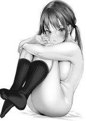 Rule 34 | 1girl, ass, bare shoulders, blush, breast press, breasts, commentary request, full body, greyscale, hugging own legs, kneehighs, knees to chest, large breasts, lips, looking at viewer, monochrome, no shoes, nude, original, sidelocks, simple background, sitting, socks, solo, sweatdrop, toro tarou, twintails, white background