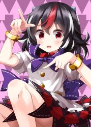 Rule 34 | 1girl, :d, arrow (symbol), arrow print, bangle, black hair, black skirt, blue bow, blush, bow, bracelet, breasts, buttons, cone horns, feet out of frame, floating, grey horns, hair between eyes, hands up, highres, horns, jewelry, kijin seija, looking at viewer, medium hair, multicolored clothes, multicolored hair, multicolored skirt, one-hour drawing challenge, open mouth, pointing, pointing down, pointing up, puffy short sleeves, puffy sleeves, purple background, red eyes, red hair, red skirt, ruu (tksymkw), shirt, short sleeves, simple background, sitting, skirt, small breasts, smile, solo, streaked hair, touhou, white hair, white shirt, white skirt, wing collar