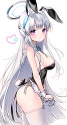 Rule 34 | 1girl, absurdres, animal ears, apron, ass, black leotard, blue archive, blush, breasts, closed mouth, cowboy shot, fake animal ears, fake tail, frilled apron, frills, grey hair, halo, highres, large breasts, leotard, long hair, mechanical halo, noa (blue archive), nyaruin, purple eyes, rabbit ears, rabbit tail, simple background, smile, solo, strapless, strapless leotard, tail, thighhighs, waist apron, white apron, white background, white thighhighs, wristband