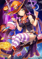 Rule 34 | 10s, 1girl, bare shoulders, blush, boots, breasts, candy, cleavage, food, green eyes, hair ribbon, halloween, hat, headset, highres, jack-o&#039;-lantern, konya (chocolate palette), lantern, large breasts, long hair, love live!, love live! school idol festival, love live! school idol project, navel, one eye closed, purple hair, ribbon, sitting, smile, solo, striped clothes, striped thighhighs, swing, thighhighs, tojo nozomi, twintails, witch hat