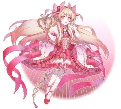 Rule 34 | 1girl, :o, anmin, blonde hair, blush, chaos marie (grimms notes), dress, flower, frills, full body, grimms notes, hair ribbon, heart, heart-shaped pupils, holding, holding wand, holding weapon, jewelry, long hair, necklace, open mouth, pendant, pink eyes, puffy short sleeves, puffy sleeves, red footwear, ribbon, rose, shoes, short sleeves, solo, symbol-shaped pupils, wand, weapon, white background, wings