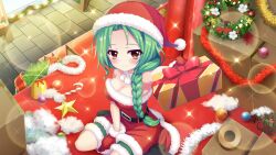 Rule 34 | 1girl, bare shoulders, belt, between legs, black belt, black footwear, box, braid, breasts, brick floor, candy, candy cane, cardboard box, christmas ornaments, christmas wreath, cleavage, closed mouth, dot nose, dress, duct tape, film grain, food, from above, game cg, gift, green hair, hand between legs, hat, holding, holding gift, incoming gift, izumi tsubasu, large breasts, layered dress, lens flare, long braid, long hair, looking at viewer, merry christmas, neck garter, non-web source, official art, re:stage!, santa costume, santa dress, santa hat, shirokita kuroha, single braid, sitting, smile, solo, sparkle, star (symbol), strapless, strapless dress, tinsel, wariza, wreath, yellow eyes