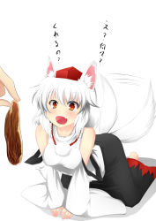 Rule 34 | 1girl, animal ears, bad id, bad pixiv id, detached sleeves, female focus, food, hat, highres, inu3, inubashiri momiji, meat, saliva, short hair, silver hair, simple background, solo, sparkle, tail, tail wagging, tokin hat, touhou, wolf ears, wolf tail