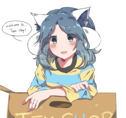Rule 34 | 1girl, :3, animal ears, blush, box, cardboard box, cat ears, dog ears, english text, green eyes, grey hair, kaoling, leaning forward, looking at viewer, open mouth, personification, shirt, shop, sidelocks, simple background, solo, striped clothes, striped shirt, temmie, undertale, white background