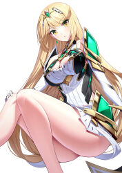 Rule 34 | 1girl, bare shoulders, blonde hair, blush, breasts, chest jewel, cleavage, cleavage cutout, clothing cutout, dress, highres, large breasts, long hair, looking at viewer, mythra (xenoblade), open mouth, ririko (zhuoyandesailaer), short dress, solo, swept bangs, thighs, tiara, white dress, xenoblade chronicles (series), xenoblade chronicles 2, yellow eyes