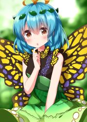 Rule 34 | 1girl, antennae, aqua hair, blush, brown eyes, butterfly wings, dress, eternity larva, fairy, green dress, hair between eyes, highres, insect wings, leaf, leaf on head, multicolored clothes, multicolored dress, one-hour drawing challenge, open mouth, ruu (tksymkw), short hair, short sleeves, solo, touhou, upper body, wings