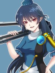Rule 34 | 1girl, :d, armor, blue background, blue dress, blue hair, blue hat, commentary request, dark blue hair, dress, hand on own hip, hand up, hat, holding tripod, iizunamaru megumu, light blush, long hair, looking at viewer, oni tama, open mouth, outline, parted lips, pauldrons, pointy ears, puffy short sleeves, puffy sleeves, red eyes, short sleeves, shoulder armor, simple background, single pauldron, smile, solo, teeth, tokin hat, touhou, turtleneck, upper teeth only, waistcoat, white outline