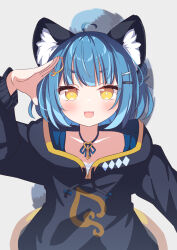 Rule 34 | 1girl, :d, animal ear fluff, animal ears, arm up, black hoodie, blue hair, collarbone, commission, daidai ookami, drawstring, fang, grey background, hair ornament, hairclip, highres, hood, hood down, hoodie, idol corp, jewelry, key, key necklace, necklace, open mouth, poko rakun, raccoon ears, raccoon girl, short eyebrows, simple background, skeb commission, smile, solo, tail, thick eyebrows, v-shaped eyebrows, virtual youtuber, yellow eyes