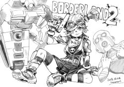 Rule 34 | 1boy, 1girl, bandaid, bandaid on face, borderlands (series), borderlands 2, breasts, choker, claptrap, closed mouth, dated, full body, gaige, gloves, goggles, greyscale, gun, hounori, jewelry, looking at viewer, mask, medium breasts, monochrome, short hair, simple background, skirt, smile, thighhighs, twintails, weapon, white background