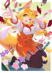Rule 34 | 1girl, :d, animal ear fluff, animal ears, arm up, bell, black thighhighs, blonde hair, bow, bowtie, bug, butterfly, collared dress, dress, fan hair ornament, fang, flower, fox ears, fox girl, fox tail, full body, garter straps, hair bell, hair between eyes, hair ornament, hanafuda, hand up, hisana, holding dice, insect, kneeling, long hair, low-tied long hair, multicolored clothes, multicolored dress, no shoes, one eye closed, open mouth, orange dress, original, pleated dress, red bow, red bowtie, short dress, short sleeves, smile, solo, tail, tail raised, thighhighs, white dress, yellow eyes, zettai ryouiki