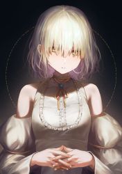 Rule 34 | 1girl, absurdres, bare shoulders, black background, blonde hair, blue gemstone, blush, bob cut, breasts, brooch, circle, colored inner hair, commentary request, detached sleeves, dotted line, frills, gem, hair over eyes, hands up, highres, interlocked fingers, jewelry, looking at viewer, multicolored hair, neck ribbon, open mouth, original, parted lips, pink hair, puffy sleeves, ribbon, short hair, solo, streaked hair, tetta (tettaakira), upper body, wide sleeves, yellow eyes, yellow ribbon