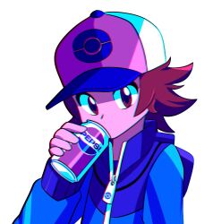 Rule 34 | 1boy, baseball cap, blue jacket, brown eyes, brown hair, can, creatures (company), drinking, game freak, hat, hilbert (pokemon), holding, holding can, jacket, looking at viewer, male focus, nintendo, pepsi, pokemon, pokemon bw, simple background, solo, stardust epic, upper body, white background
