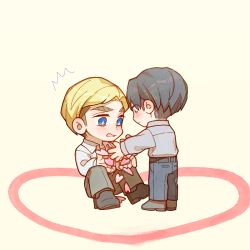 Rule 34 | 2boys, belt, black footwear, black hair, blonde hair, blue eyes, blue pants, blush, brown hair, catching, chibi, collared shirt, confession, dropping, embarrassed, erwin smith, frown, full body, ggggg, giving, grey footwear, grey shirt, hands up, heart, knees up, levi (shingeki no kyojin), long sleeves, looking at another, looking away, male focus, multiple boys, outstretched arms, pants, profile, shingeki no kyojin, shirt, shoes, short hair, sideburns, simple background, sitting, standing, surprised, undercut, white shirt, yaoi, yellow background
