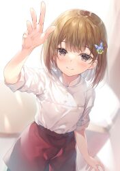 Rule 34 | 1girl, arm up, black pantyhose, blush, braid, brown eyes, brown hair, butterfly hair ornament, chair, closed mouth, collared shirt, curtains, hair ornament, hand up, highres, light rays, light smile, long sleeves, looking at viewer, miwabe sakura, novel illustration, official art, pantyhose, red skirt, round table, saijo no osewa, shirt, short hair, skirt, smile, sunbeam, sunlight, table, teeth, white shirt