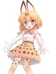 Rule 34 | 1girl, animal ears, blonde hair, blush, bow, bowtie, brown eyes, cowboy shot, elbow gloves, gloves, hair between eyes, kemono friends, looking at viewer, open mouth, serval (kemono friends), serval print, shirt, short hair, simple background, skirt, sleeveless, sleeveless shirt, solo, thighhighs, traditional bowtie, white background, xox xxxxxx