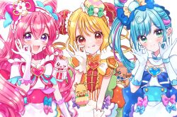 Rule 34 | 3girls, :d, ;q, apron, back bow, blonde hair, blue bow, blue corset, blue hair, blush, bow, brooch, bun cover, choker, closed mouth, cone hair bun, corset, creature, cure precious, cure spicy, cure yum-yum, curly sidelocks, delicious party precure, detached collar, dog, dot nose, double bun, dragon, drill hair, elbow gloves, flower, fox, fuwa kokone, gloves, green bow, green eyes, hair between eyes, hair bow, hair bun, hair flower, hair ornament, hairband, hanamichi ran, hat, hat bow, head tilt, heart, heart brooch, highres, jewelry, kome-kome (precure), kuzumochi, large bow, long hair, looking at viewer, magical girl, mem-mem (precure), mini hat, money gesture, multicolored hair, multiple girls, nagomi yui, one eye closed, open mouth, pam-pam (precure), pink bow, pink choker, pink hair, pink hairband, precure, purple bow, purple eyes, red eyes, side ponytail, single hair ring, smile, sparkle, streaked hair, striped bow, tongue, tongue out, twin drills, two-tone hair, two side up, upper body, white apron, white background, white gloves