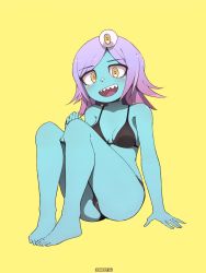 Rule 34 | 1girl, ass, bad id, bad twitter id, bare arms, bare legs, blue skin, blush, breasts, colored skin, commission, full body, highres, looking at viewer, medium hair, midori (uchuu patrol luluco), multicolored hair, once 11h, open mouth, purple hair, sitting, small breasts, smile, solo, teeth, two-tone hair, uchuu patrol luluco, upper teeth only, yellow eyes